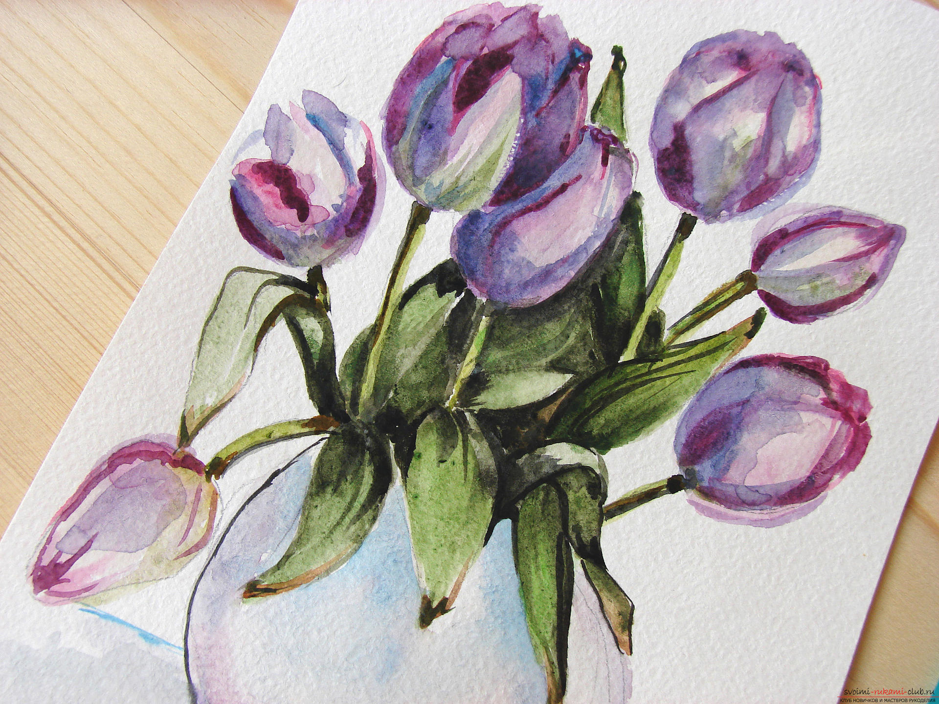 Мастер-класс по рисованию с фото научит как нарисовать цветы, подробно описав как рисуются тюльпаны поэтапно.. Фото №24